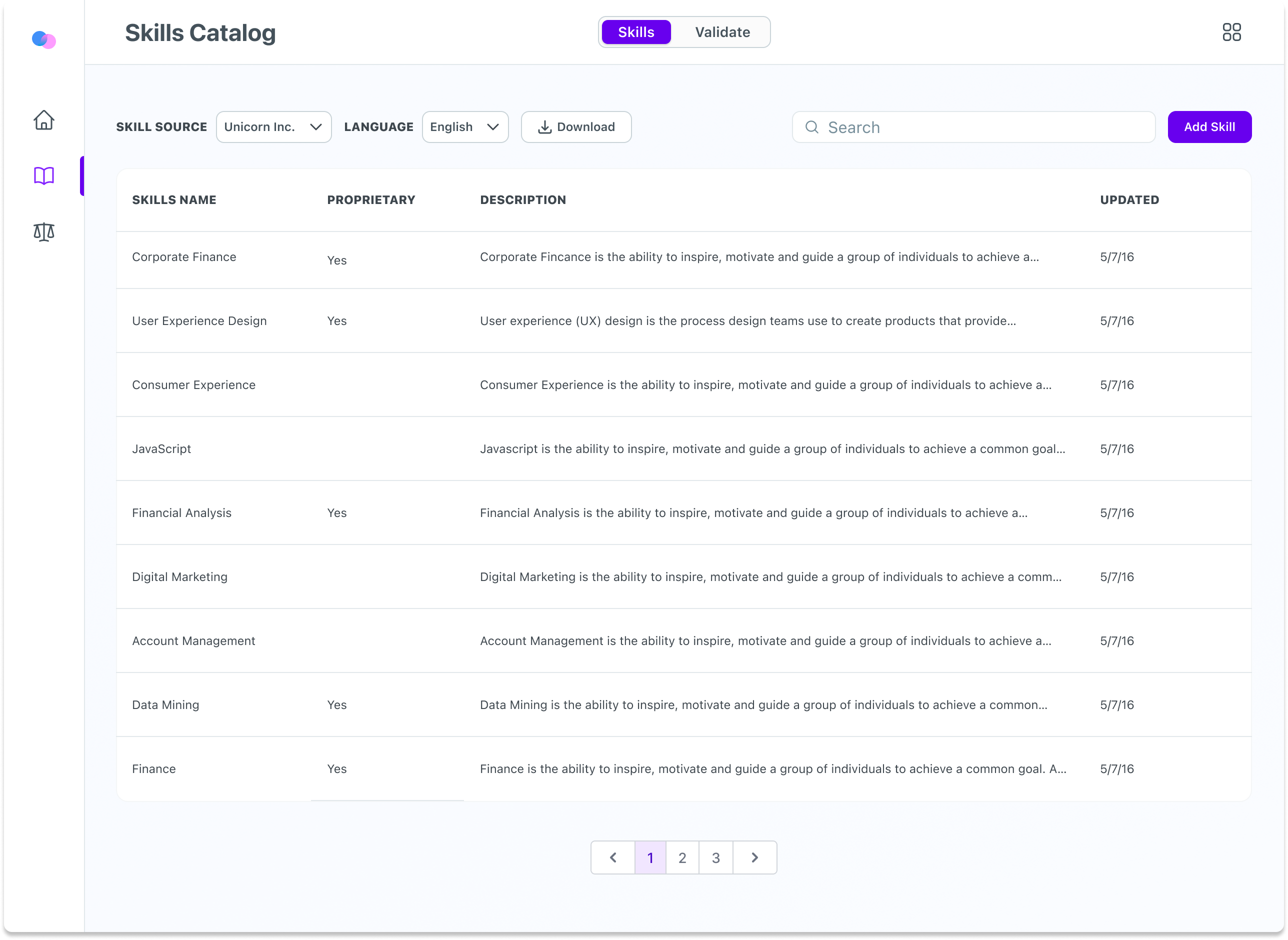 Enterprise skills taxonomy management interface